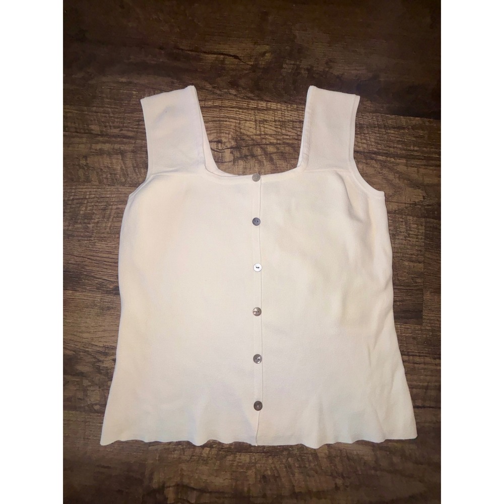 J.A.C. Womens Knit Button Front Tank Top Cream Square Neck Ribbed Sleeveless M